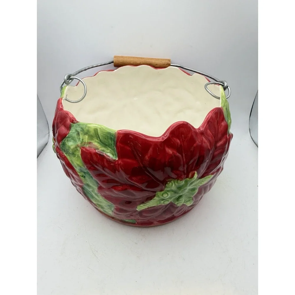 Maxcera Poinsettia Ceramic Basket Bowl Metal Wood Handle Christmas 8.5